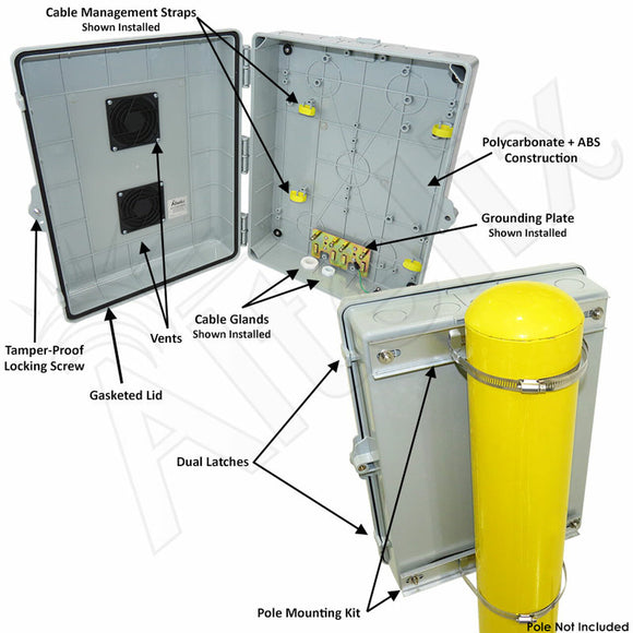 Altelix 17x14x6 PC + ABS Weatherproof Vented Utility Box NEMA Enclosure with Pole Mount Kit