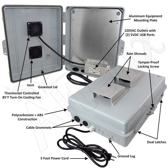 Altelix 17x14x6 Vented Polycarbonate + ABS Weatherproof NEMA Enclosure with Cooling Fan, 120 VAC Outlets, (2) USB Ports & Power Cord