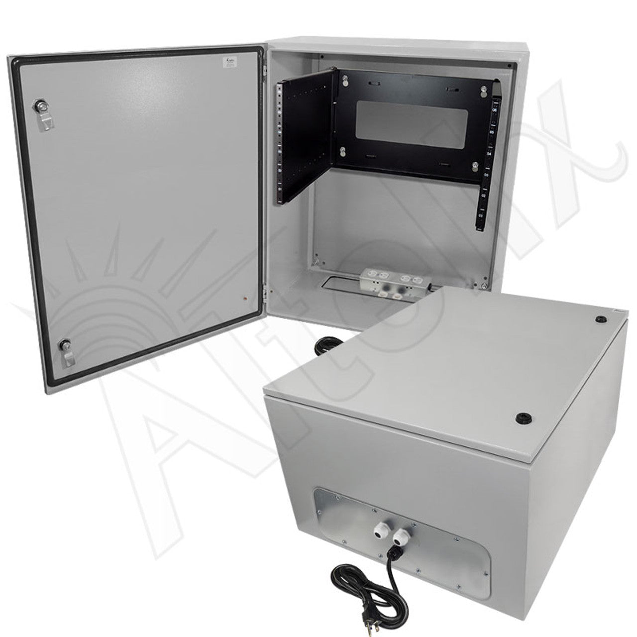 Altelix 120VAC 20A Steel NEMA 4X Enclosure for UPS Power Systems with 19" Wide 6U Rack, 20A Power Outlets and Power Cord