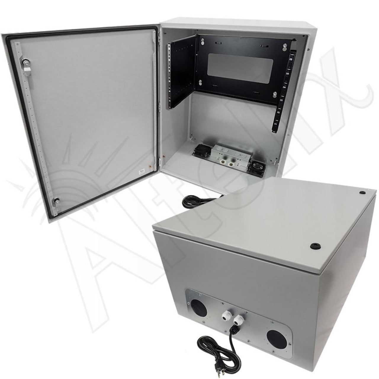 Altelix 120VAC 20A Steel NEMA Enclosure for UPS Power Systems with 19" Wide 6U Rack, Dual Cooling Fans, 20A Power Outlets & Power Cord