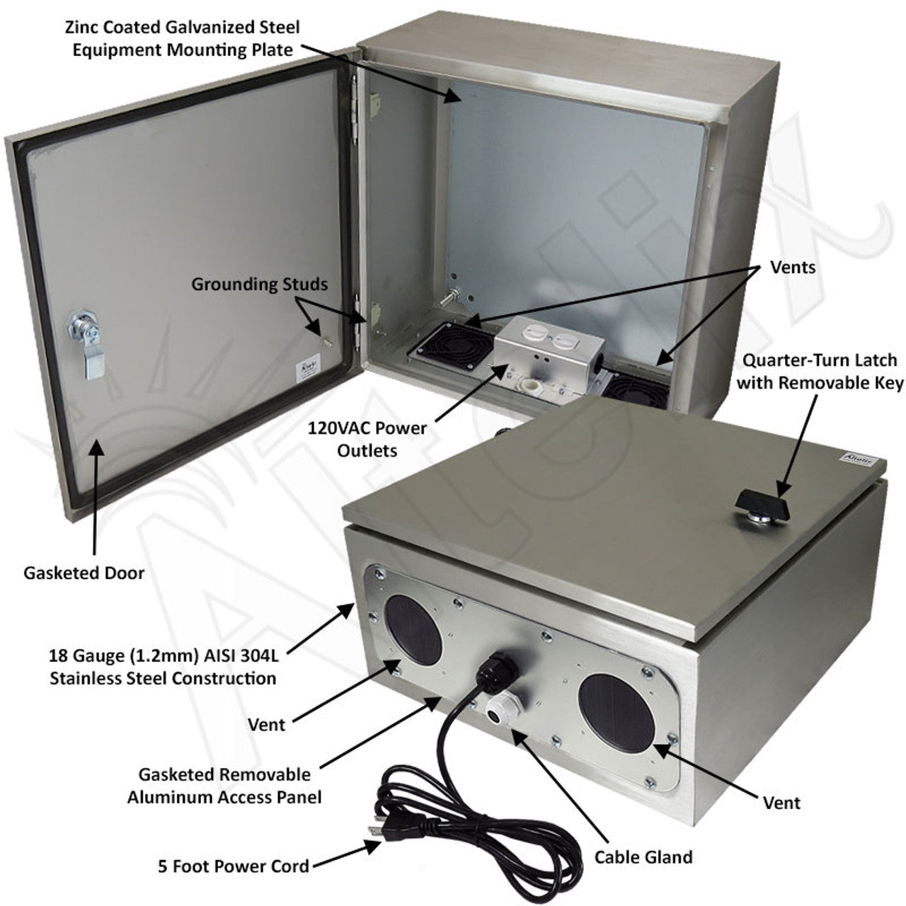 Altelix Vented Stainless Steel Weatherproof NEMA Enclosure with 120 VAC Outlets and Power Cord - 0