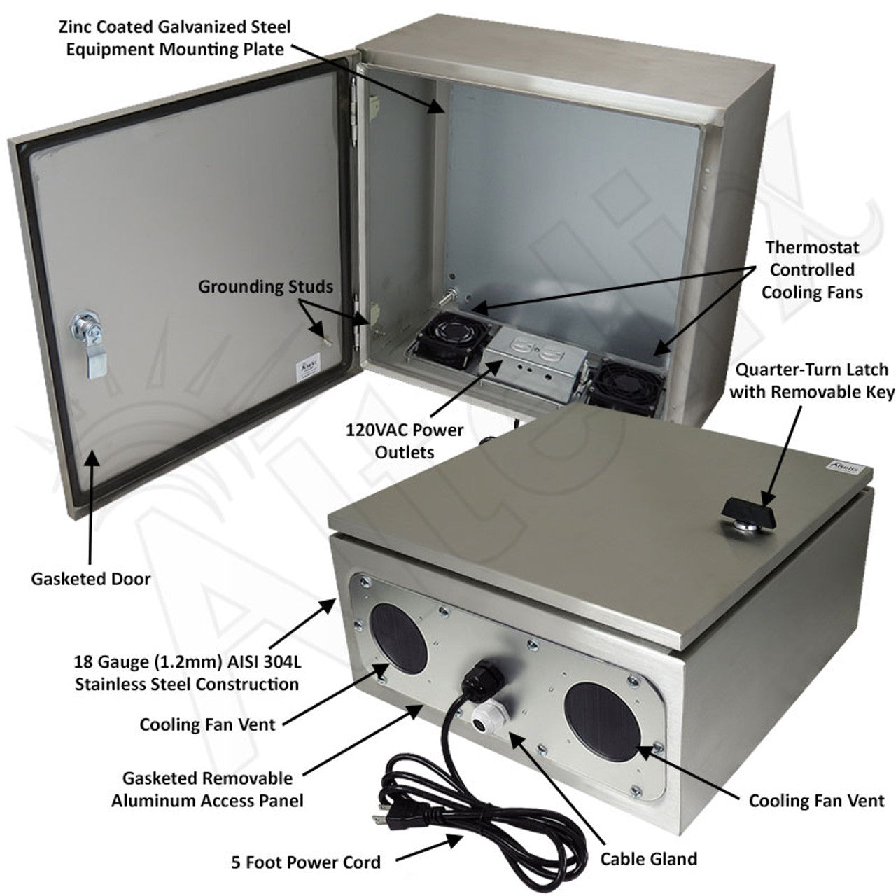 Altelix Stainless Steel Weatherproof NEMA Enclosure with Dual Cooling Fans, 120 VAC Outlets and Power Cord