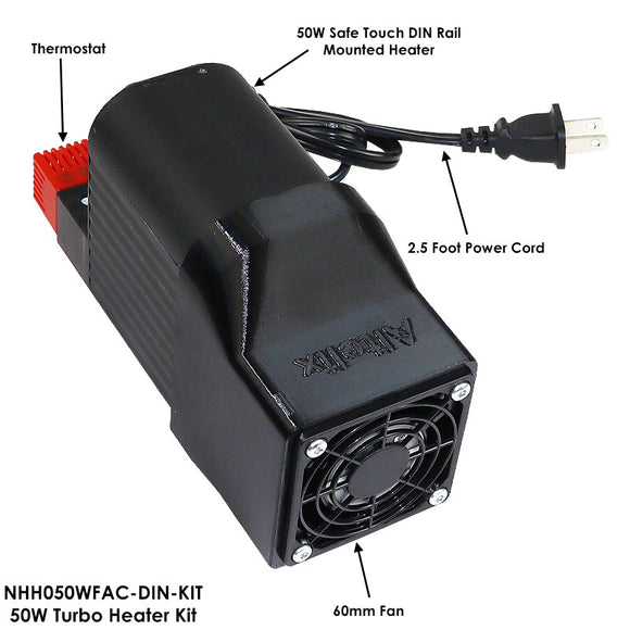 Altelix Turbo Heater Kit - DIN Rail Mountable with Fan - 50W or 100W with Thermostat, Fan and Power Cord