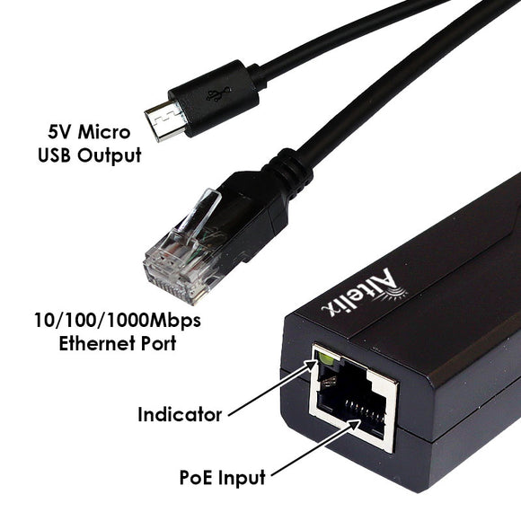 Altelix Gigabit IEEE 802.3af/at PoE Splitter, 5VDC 2.4A Output, Micro USB Connector