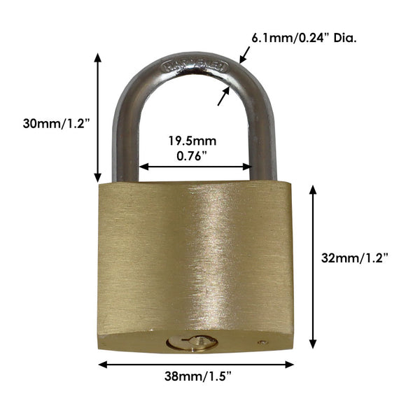 Weatherproof Solid Brass Padlock, 38mm Wide with 6.1mm Diameter Shackle