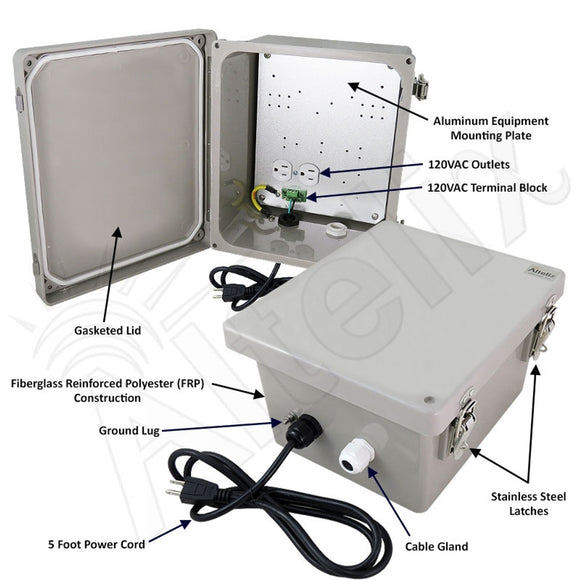 Altelix Fiberglass Weatherproof NEMA 4X Enclosure with Aluminum Equipment Mounting Plate & 120 VAC Outlets & Power Cord