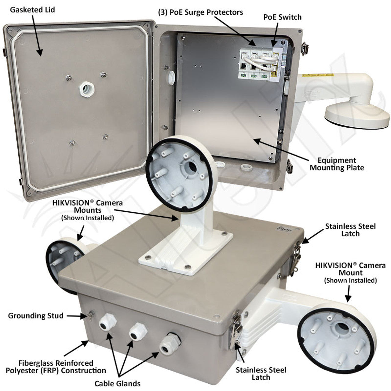 Altelix NEMA 4X Fiberglass Weatherproof Camera Security Cabinet with Three HIKVISION DS-1273ZJ-140 Camera Mounts