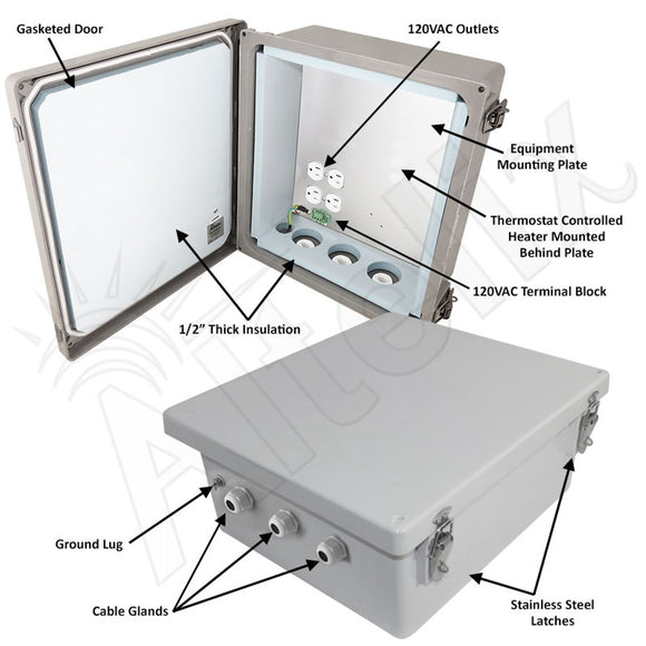Altelix Insulated Fiberglass Weatherproof NEMA 4X Enclosure with 200W Heater & 120 VAC Outlets