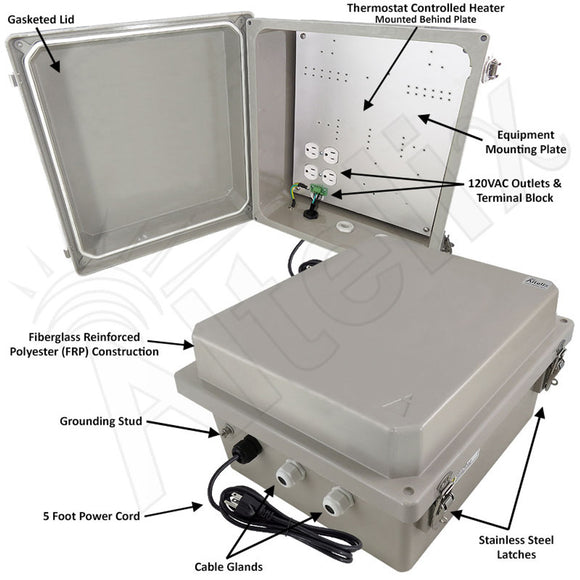 Altelix Fiberglass Weatherproof Heated NEMA Enclosure with 200W Heater, 120 VAC Outlets & Power Cord