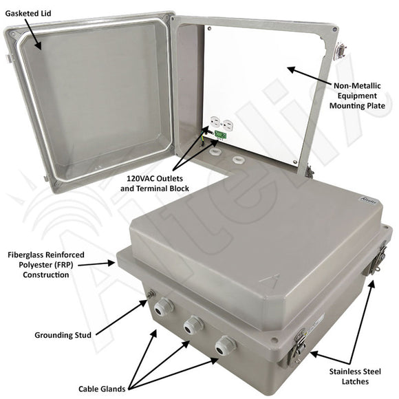 Altelix 14x12x8 Fiberglass Weatherproof WiFi NEMA 4X Enclosure with Polyester Mounting Plate & 120 VAC Outlets