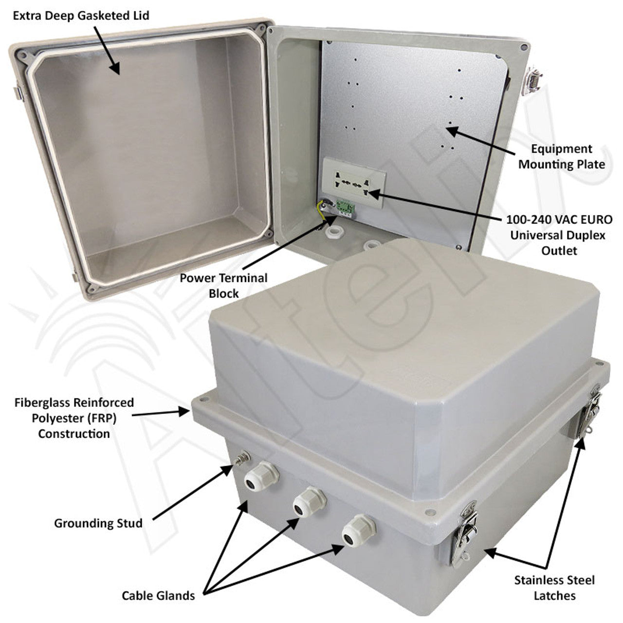 Altelix 14x12x10 Fiberglass Weatherproof NEMA Enclosure with 100-240 VAC Universal Power Outlet