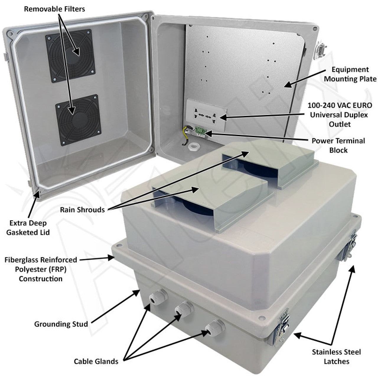 Altelix 14x12x10 Vented Fiberglass Weatherproof NEMA Enclosure with 100-240 VAC Universal Power Outlet