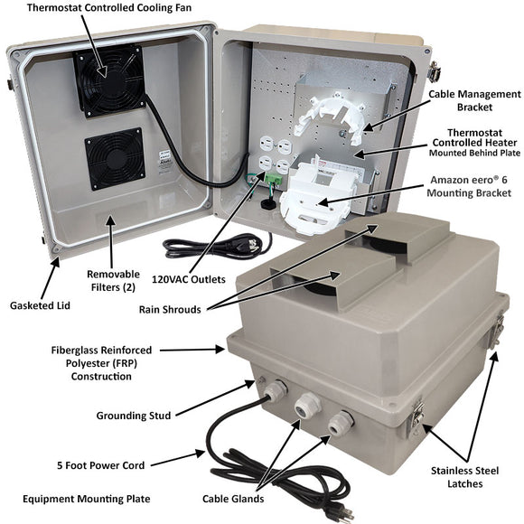 Altelix Fiberglass Weatherproof Starlink® / Amazon eero® Mesh Wi-Fi Router Enclosure with Heater, Cooling Fan, 120 VAC Outlets & Power Cord