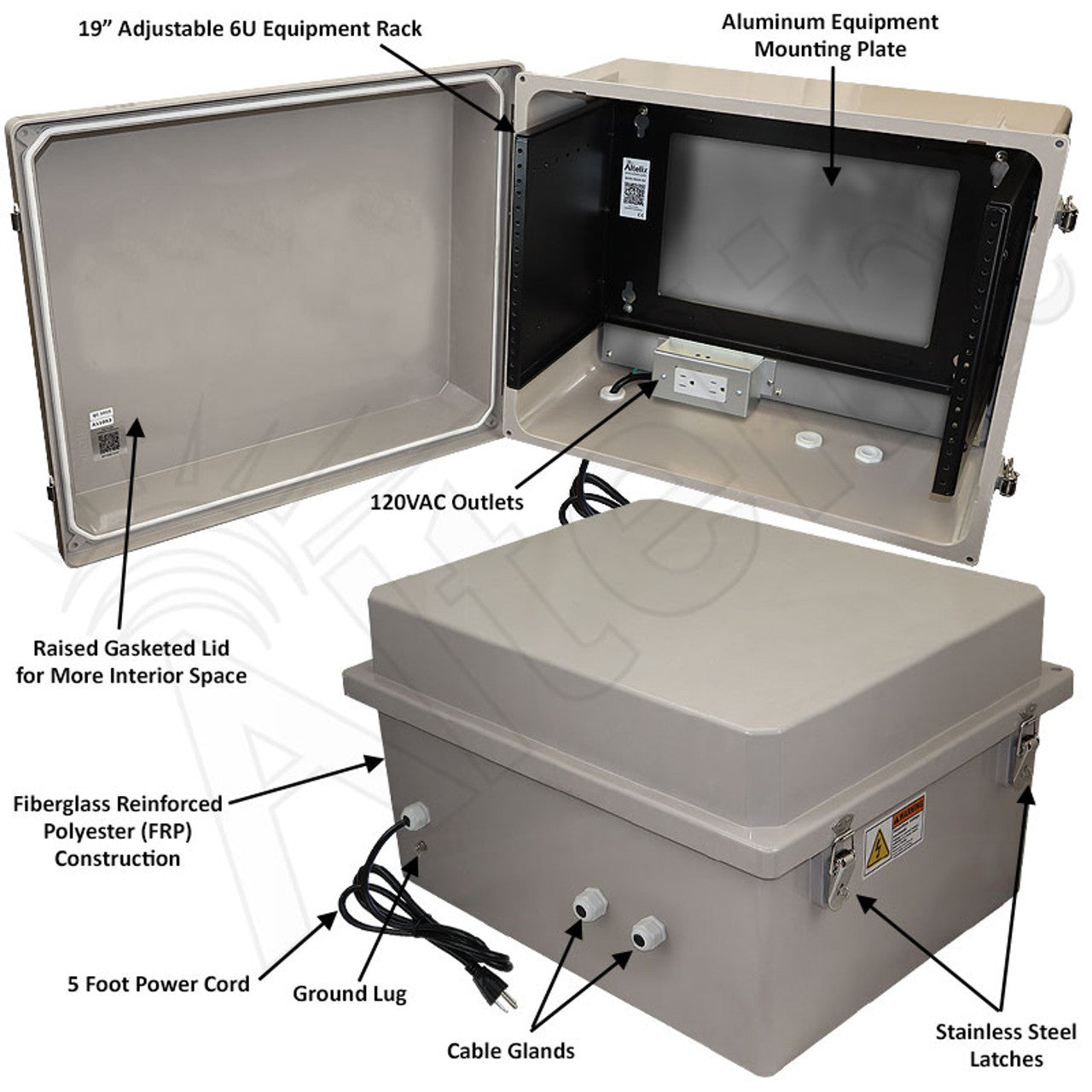 Altelix 16x20x12 Fiberglass Weatherproof NEMA Enclosure with 19" Wide 6U Rack Frame, 120 VAC Outlets & Power Cord - 0