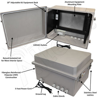 Altelix 16x20x12 Fiberglass Weatherproof NEMA Enclosure with 19" Wide 6U Rack Frame, 120 VAC Outlets & Power Cord