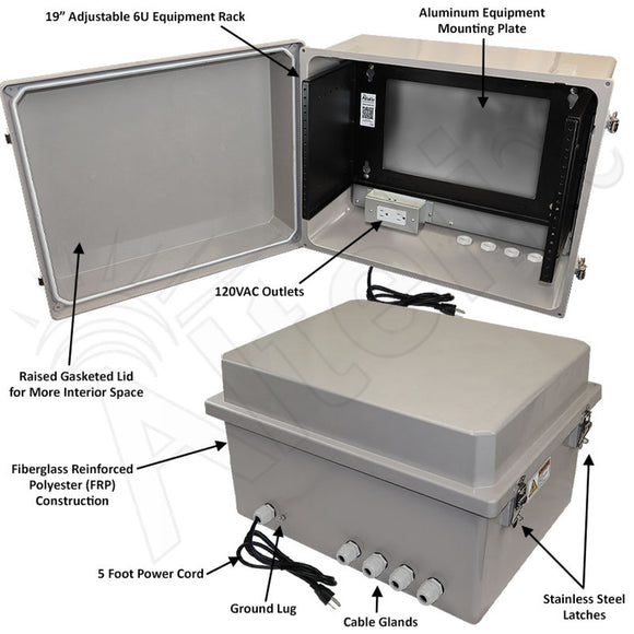 Altelix 16x20x12 Fiberglass Weatherproof NEMA Enclosure with 19" Wide 6U Rack Frame, 120 VAC Outlets & Power Cord