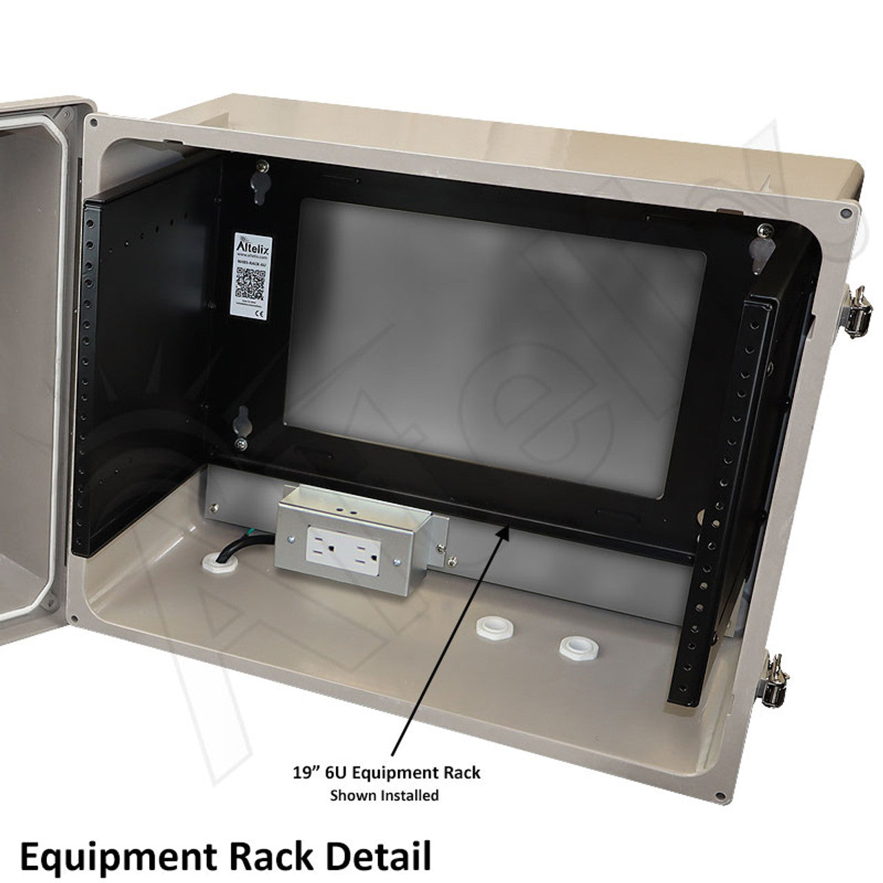 Altelix 16x20x12 Fiberglass Weatherproof NEMA Enclosure with 19" Wide 6U Rack Frame, 120 VAC Outlets & Power Cord