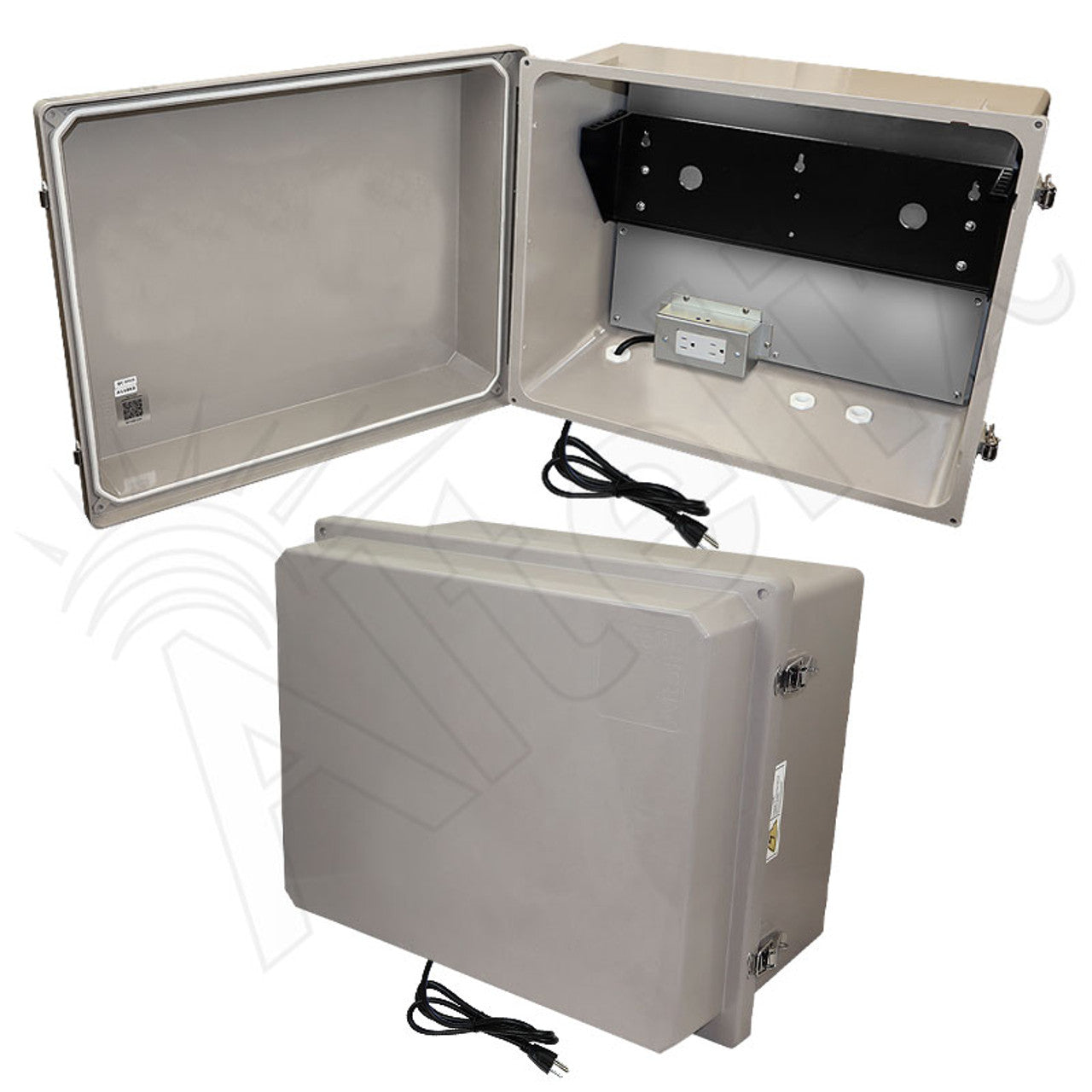 Altelix 16x20x12 Fiberglass Weatherproof NEMA Enclosure with 19" Wide 2U Vertical Rack Frame, 120 VAC Outlets & Power Cord