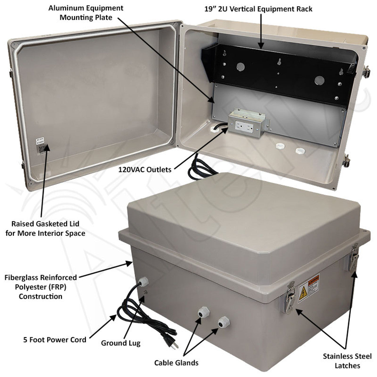 Altelix 16x20x12 Fiberglass Weatherproof NEMA Enclosure with 19" Wide 2U Vertical Rack Frame, 120 VAC Outlets & Power Cord