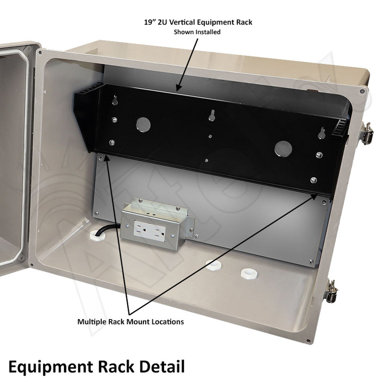 Altelix 16x20x12 Fiberglass Weatherproof NEMA Enclosure with 19" Wide 2U Vertical Rack Frame, 120 VAC Outlets & Power Cord