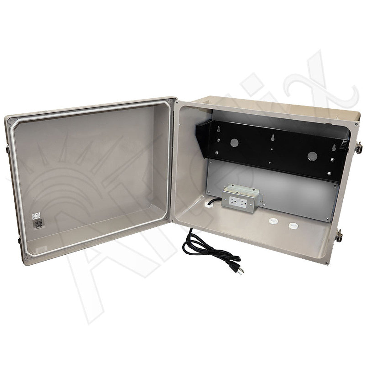 Altelix 16x20x12 Fiberglass Weatherproof NEMA Enclosure with 19" Wide 2U Vertical Rack Frame, 120 VAC Outlets & Power Cord