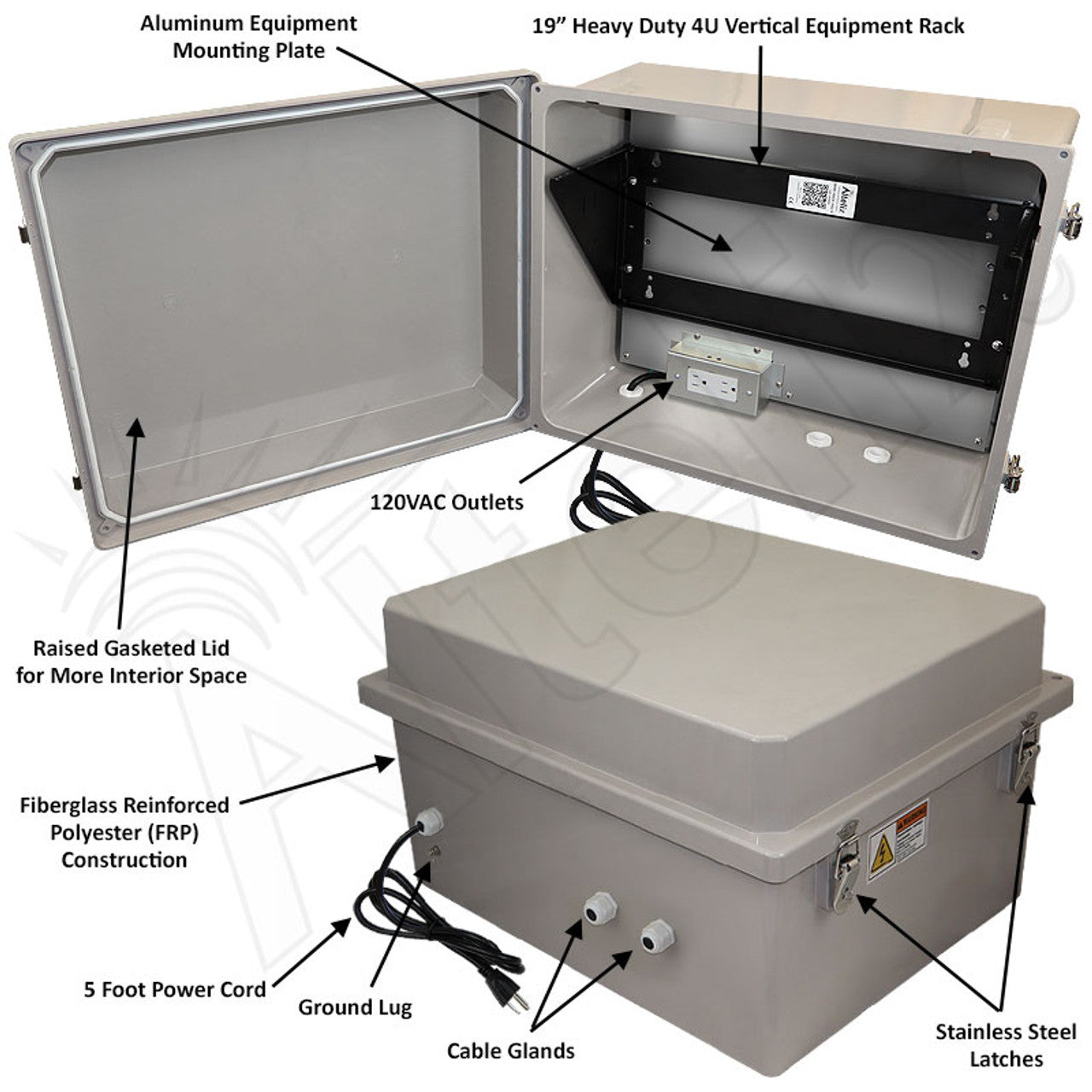 Altelix 16x20x12 Fiberglass Weatherproof NEMA Enclosure with Heavy Duty 19" Wide 4U Vertical Rack Frame, 120 VAC Outlets & Power Cord