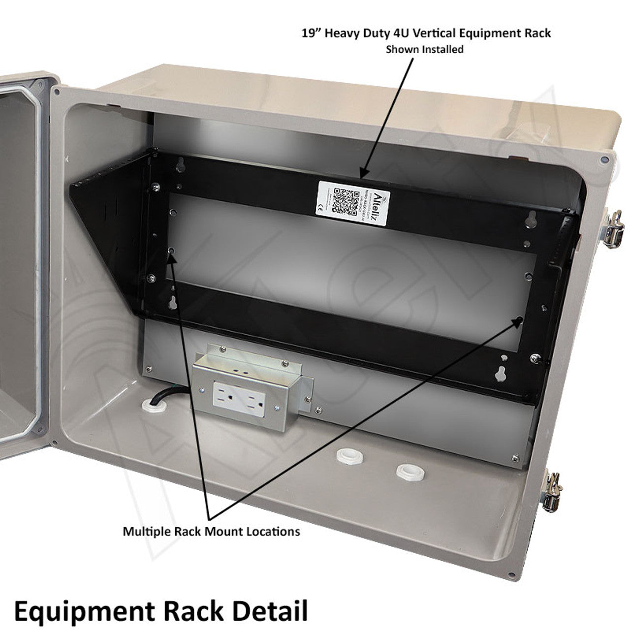 Altelix 16x20x12 Fiberglass Weatherproof NEMA Enclosure with Heavy Duty 19" Wide 4U Vertical Rack Frame, 120 VAC Outlets & Power Cord