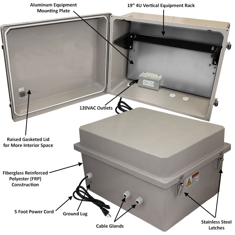 Altelix 16x20x12 Fiberglass Weatherproof NEMA Enclosure with 19" Wide 4U Vertical Rack Frame, 120 VAC Outlets & Power Cord