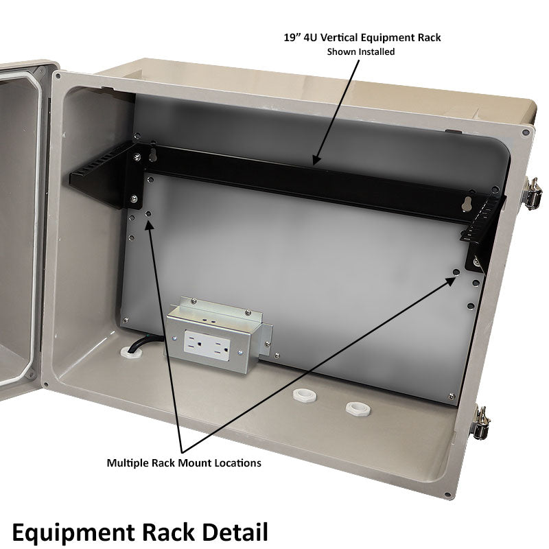 Altelix 16x20x12 Fiberglass Weatherproof NEMA Enclosure with 19" Wide 4U Vertical Rack Frame, 120 VAC Outlets & Power Cord