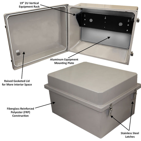 Altelix 16x20x12 Fiberglass Weatherproof NEMA 4X Enclosure with 19" Wide 2U Vertical Rack Frame