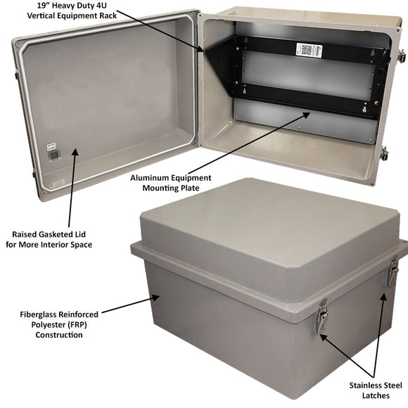 Altelix 16x20x12 Fiberglass Weatherproof NEMA 4X Enclosure with Heavy Duty 19" Wide 4U Vertical Rack Frame