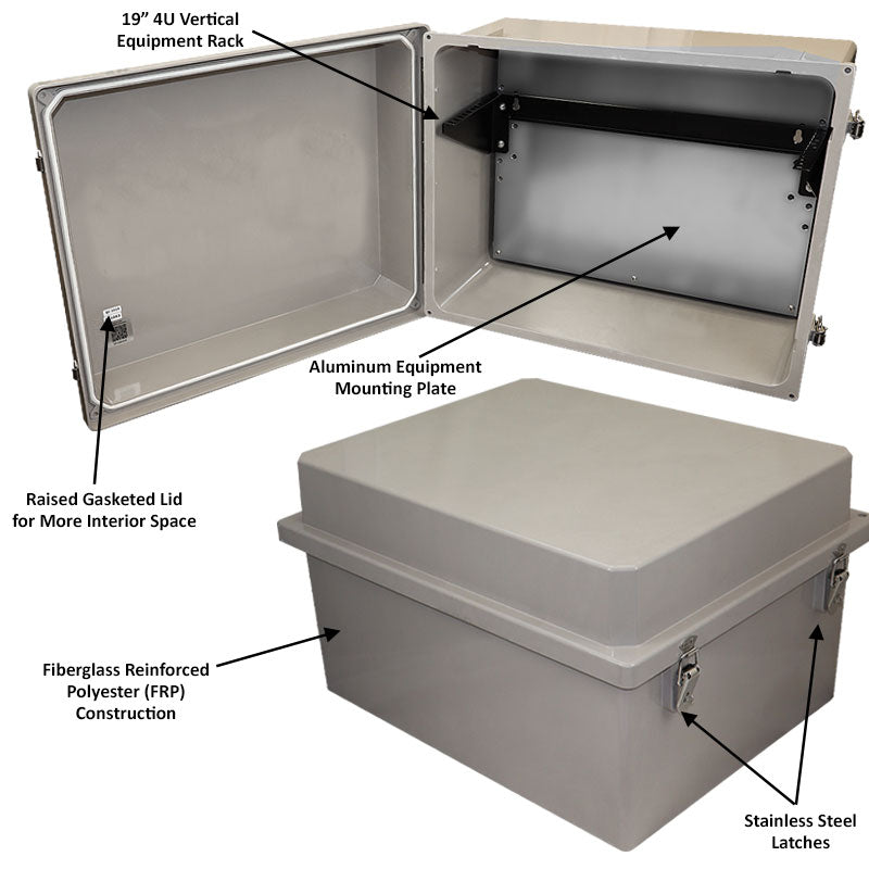 Altelix 16x20x12 Fiberglass Weatherproof NEMA 4X Enclosure with 19" Wide 4U Vertical Rack Frame - 0