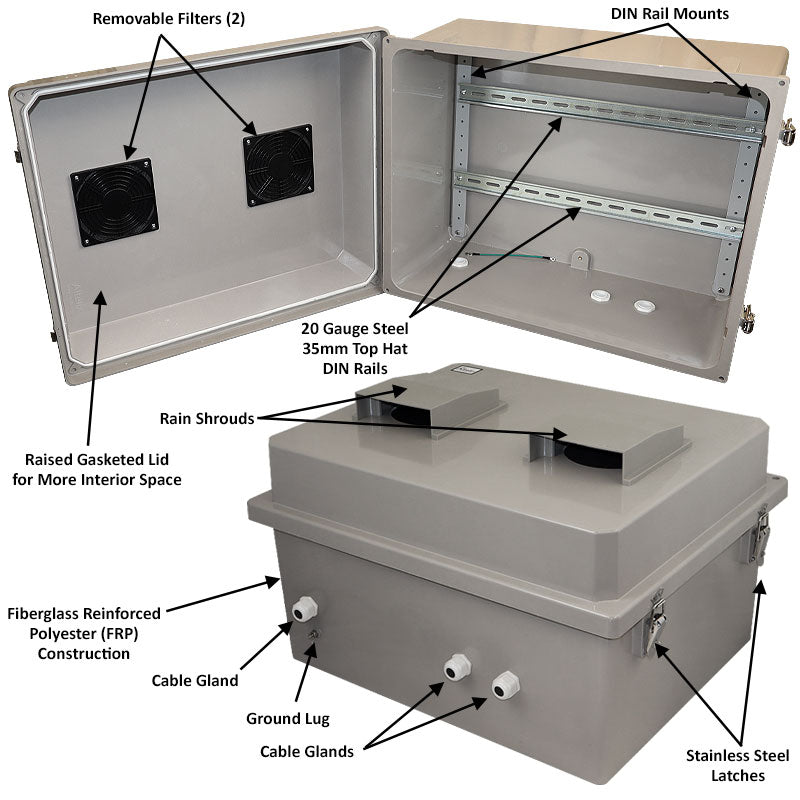 Altelix 16x20x12 Vented Industrial DIN Rail Fiberglass Enclosure