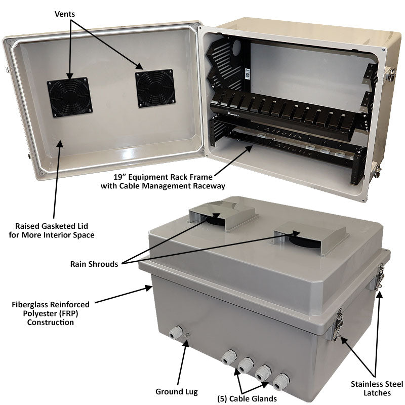 Altelix 16x20x12 Space Saver 19" Wide Vented Equipment Rack Enclosure - Fiberglass Weatherproof Vented NEMA Enclosure with 19" Wide Slanted Rack Frame and Cable Management Raceway - 0