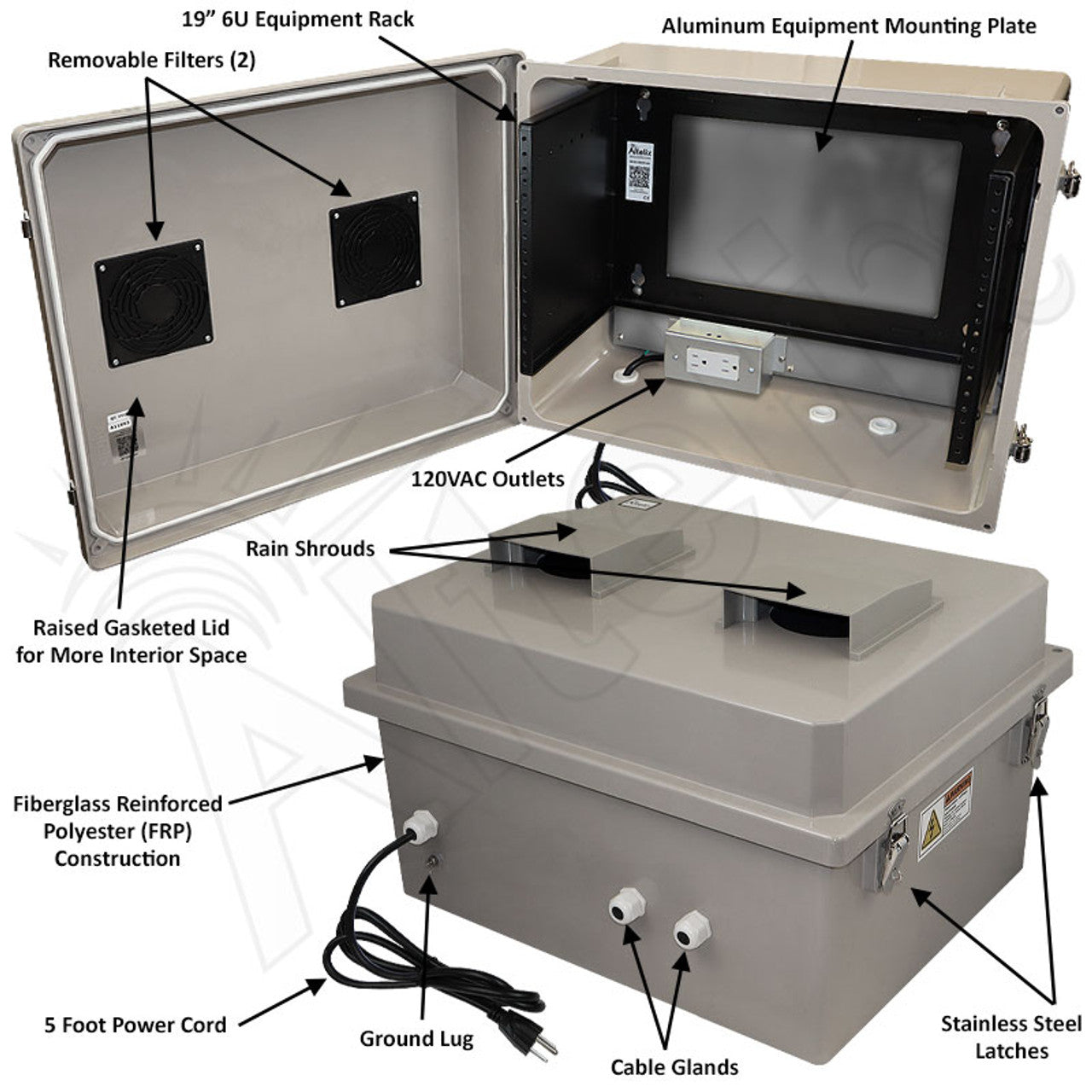 Altelix 16x20x12 Fiberglass Weatherproof Vented NEMA Enclosure with 19"Wide 6U Rack Frame, 120V Outlets & Power Cord - 0