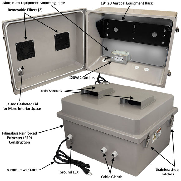 Altelix 16x20x12 Fiberglass Weatherproof Vented NEMA Enclosure with 19" Wide 2U Vertical Rack Frame, 120V Outlets & Power Cord