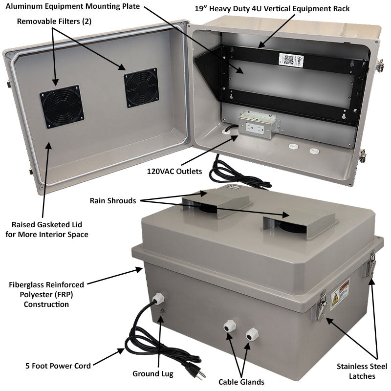 Altelix 16x20x12 Fiberglass Weatherproof Vented NEMA Enclosure with Heavy Duty 19"Wide 4U Vertical Rack Frame, 120V Outlets & Power Cord - 0