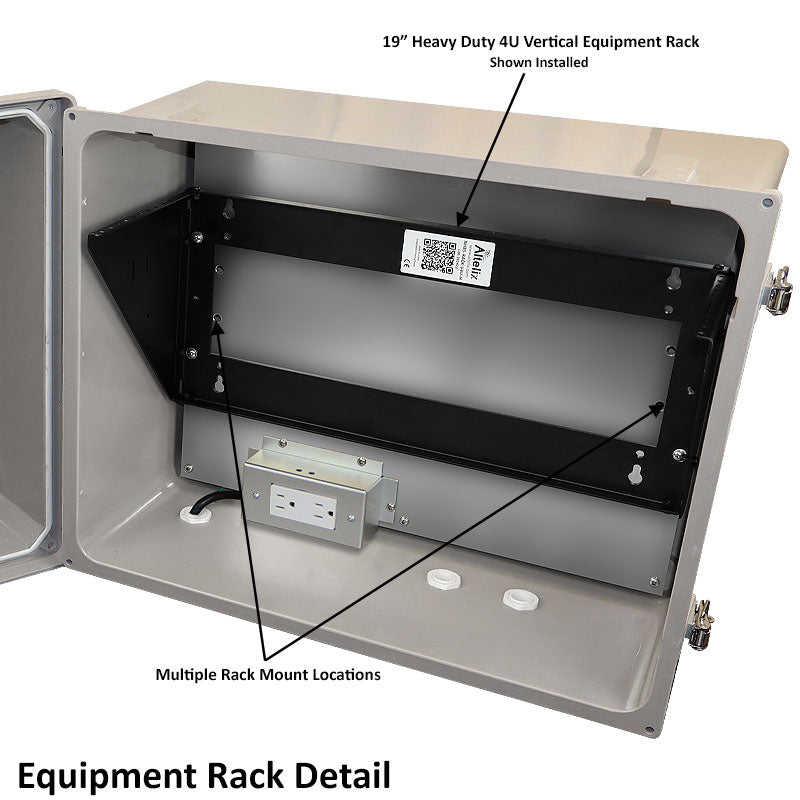 Altelix 16x20x12 Fiberglass Weatherproof Vented NEMA Enclosure with Heavy Duty 19"Wide 4U Vertical Rack Frame, 120V Outlets & Power Cord