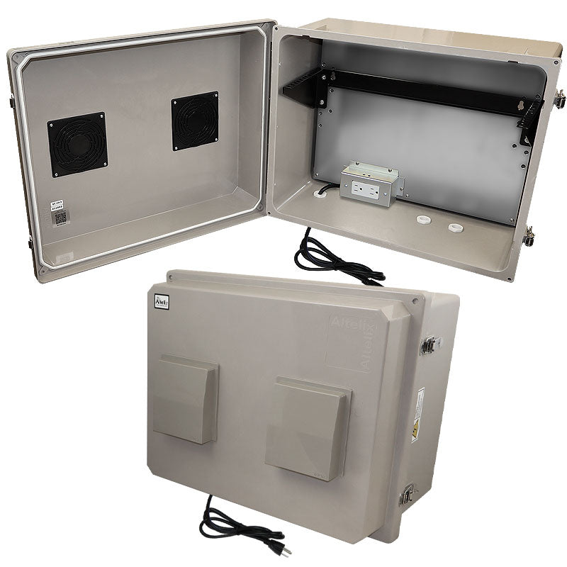 Altelix 16x20x12 Fiberglass Weatherproof Vented NEMA Enclosure with 19"Wide 4U Vertical Rack Frame, 120V Outlets & Power Cord