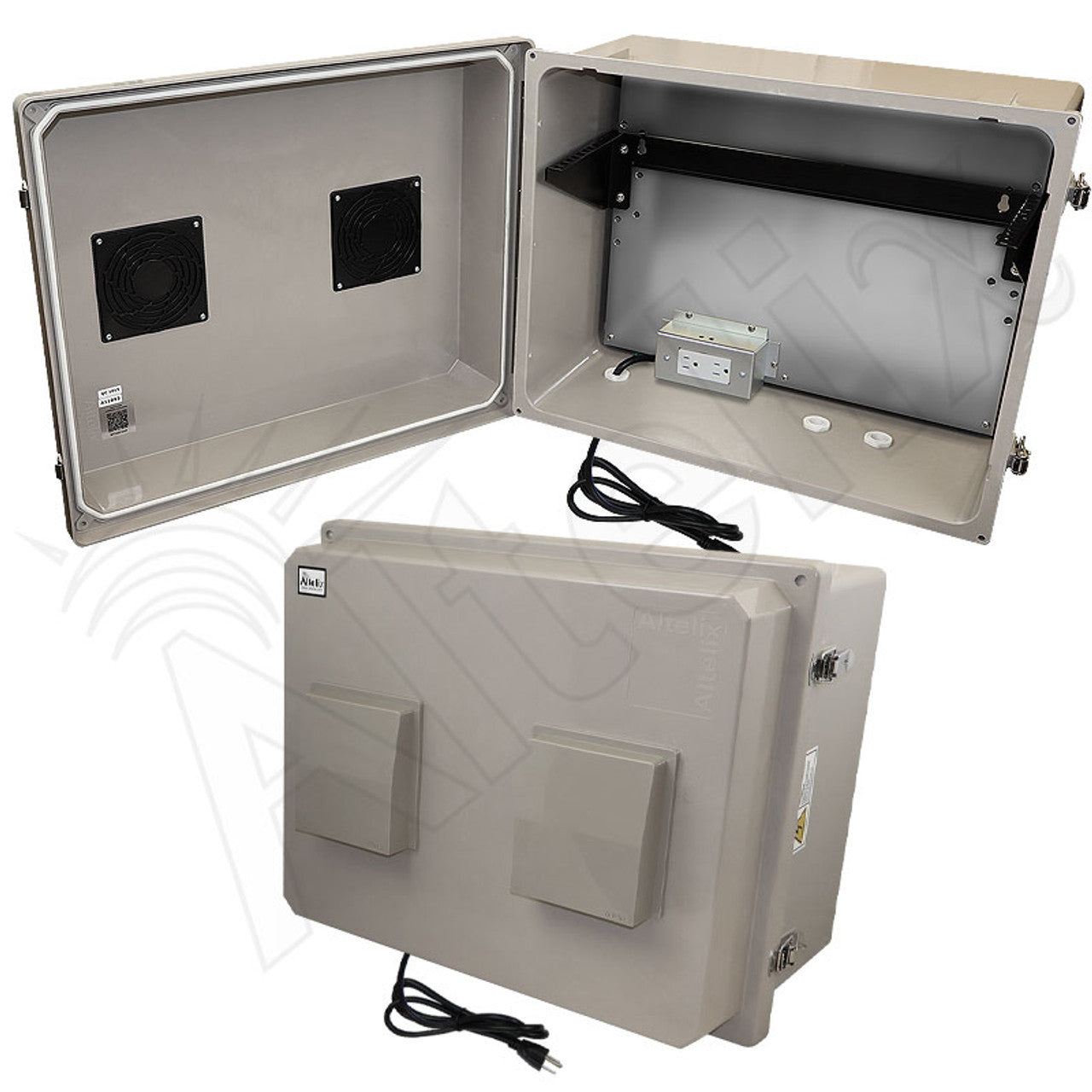 Altelix 16x20x12 Fiberglass Weatherproof Vented NEMA Enclosure with 19"Wide 4U Vertical Rack Frame, 120V Outlets & Power Cord