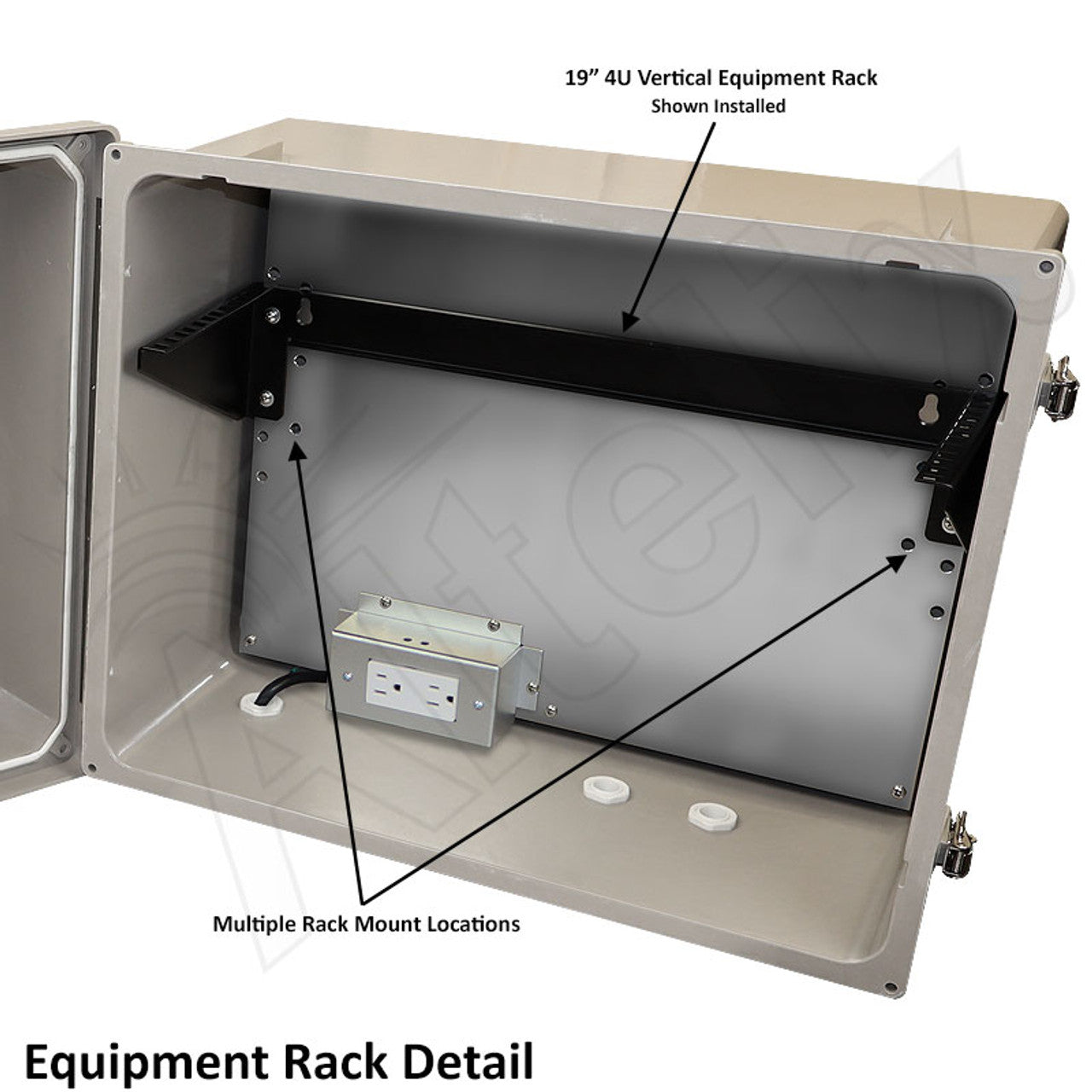 Altelix 16x20x12 Fiberglass Weatherproof Vented NEMA Enclosure with 19"Wide 4U Vertical Rack Frame, 120V Outlets & Power Cord