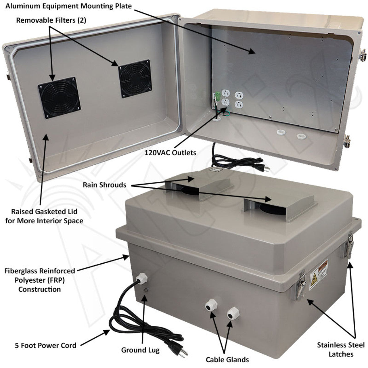 Altelix Fiberglass Weatherproof Vented NEMA Enclosure with Aluminum Mounting Plate, 120V Outlets & Power Cord