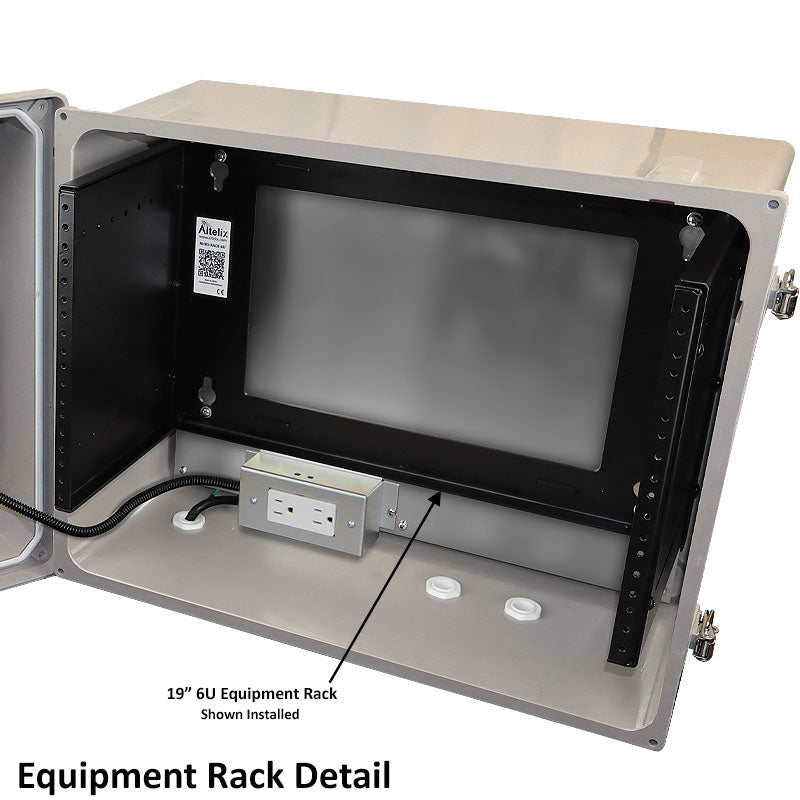 Altelix 16x20x12 Fiberglass Weatherproof Vented NEMA Enclosure with 19" Wide 6U Rack Frame, Dual Cooling Fans, 120V Outlets & Power Cord