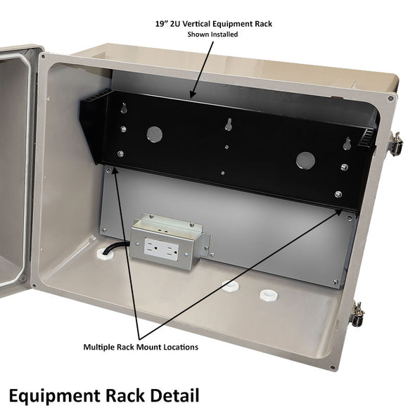 Altelix 16x20x12 Fiberglass Weatherproof Vented NEMA Enclosure with 19" Wide 2U Vertical Rack Frame, Dual Cooling Fans, 120V Outlets & Power Cord
