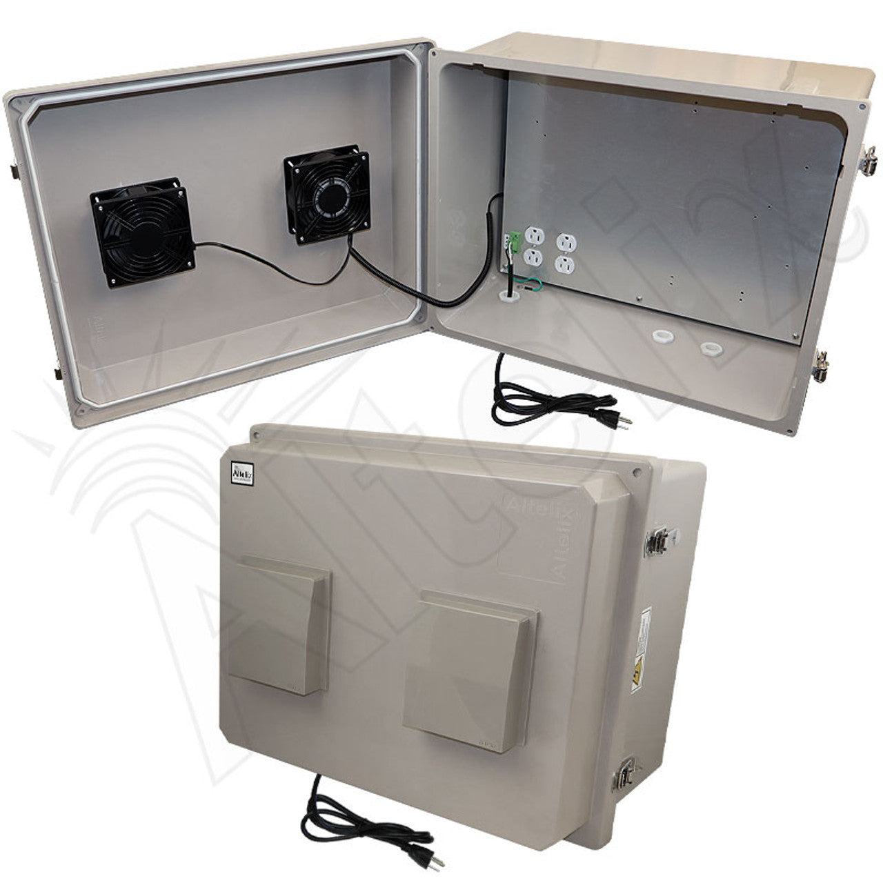 Altelix 20x16x12 Fiberglass Weatherproof Vented NEMA Enclosure with Dual Cooling Fans, 120 VAC Outlets & Power Cord - 0