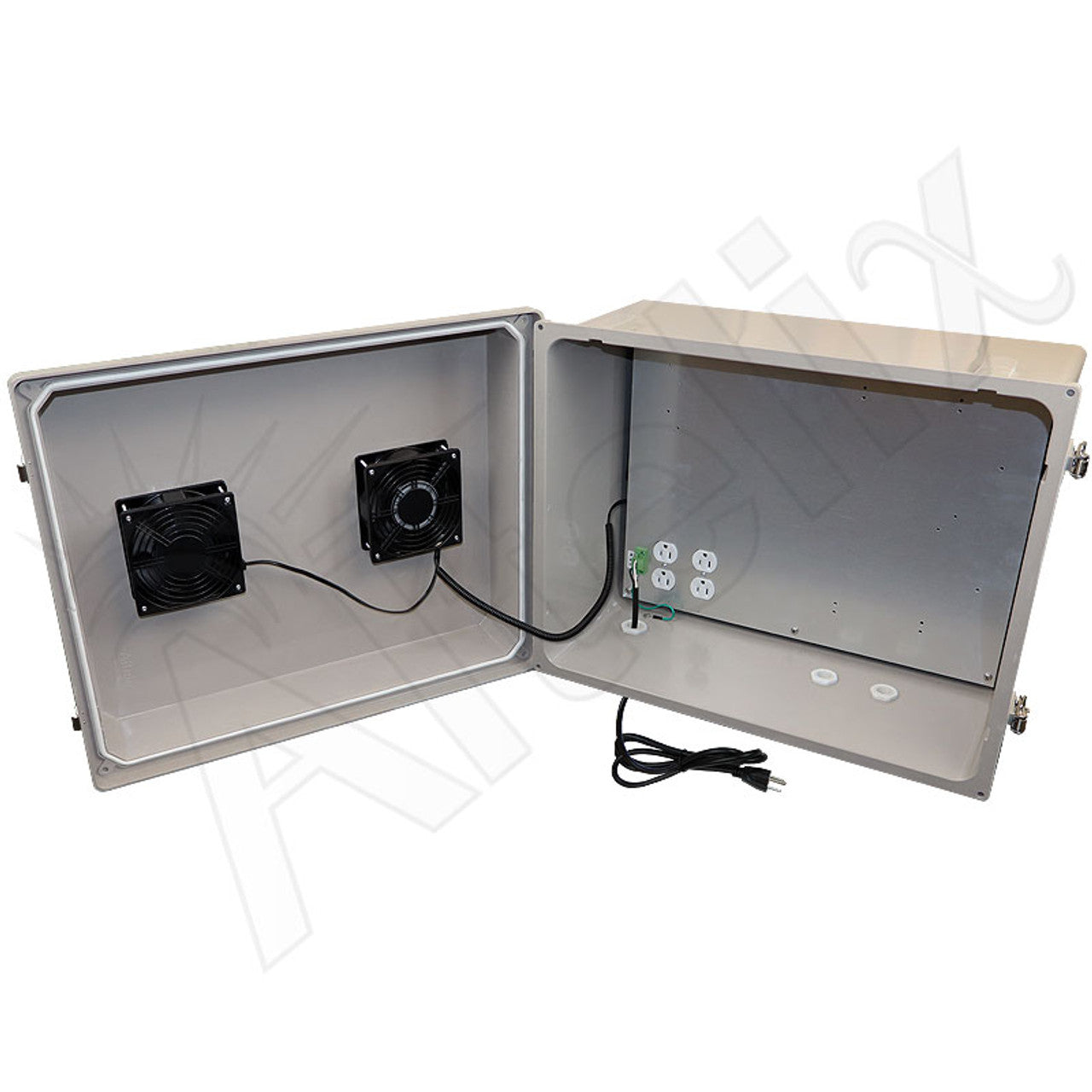 Altelix 20x16x12 Fiberglass Weatherproof Vented NEMA Enclosure with Dual Cooling Fans, 120 VAC Outlets & Power Cord