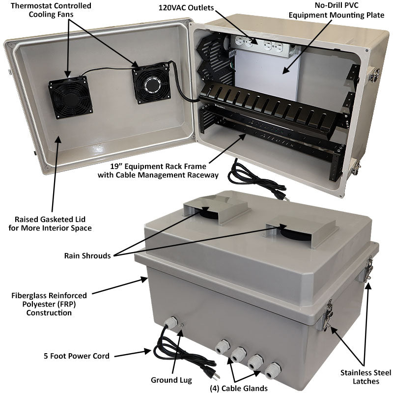 Altelix 16x20x12 Space Saver 19" Wide Equipment Rack Enclosure - Fiberglass Weatherproof Vented NEMA Enclosure with 19" Wide Slanted Rack Frame and Cable Management Raceway, Dual Cooling Fans, 120V Outlets & Power Cord