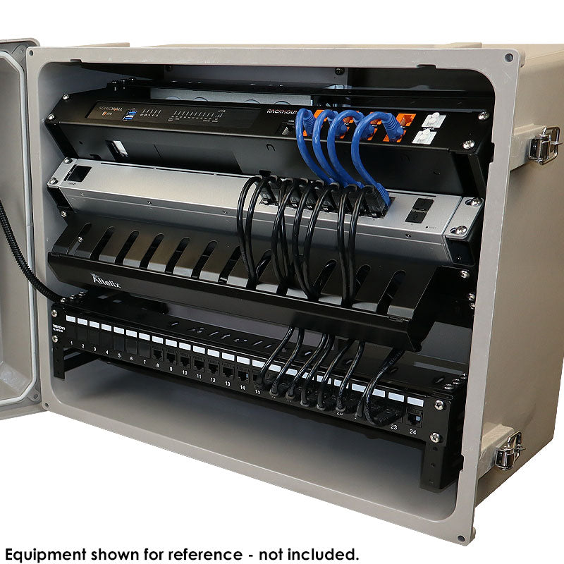 Altelix 16x20x12 Space Saver 19" Wide Equipment Rack Enclosure - Fiberglass Weatherproof Vented NEMA Enclosure with 19" Wide Slanted Rack Frame and Cable Management Raceway, Dual Cooling Fans, 120V Outlets & Power Cord