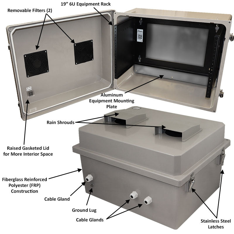 Altelix 16x20x12 Fiberglass Weatherproof Vented NEMA Enclosure with 19" Wide 6U Rack Frame