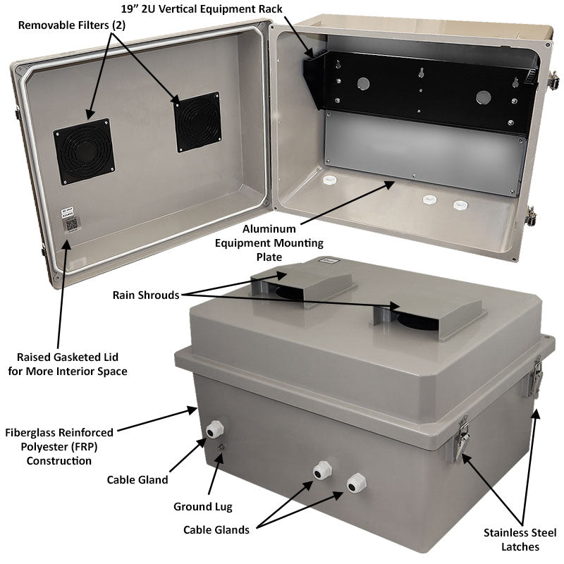 Altelix 16x20x12 Fiberglass Weatherproof Vented NEMA Enclosure with 19" Wide 2U Vertical Rack Frame